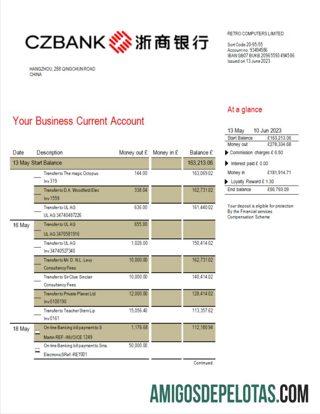 Imprimível China Zheshang Bank Business Bank Statement modelo Word e PDF